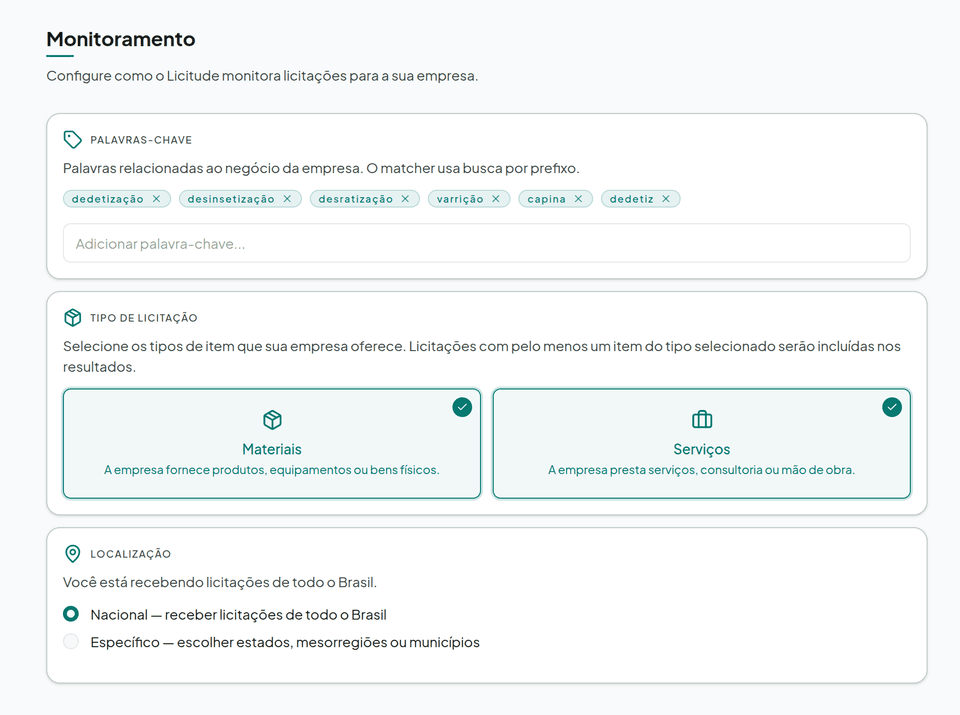 Tela de configurações de monitoramento do Licitude: campos de palavras-chave a partir do CNAE, tipo de oportunidade (Materiais ou Serviços) e localização da empresa.